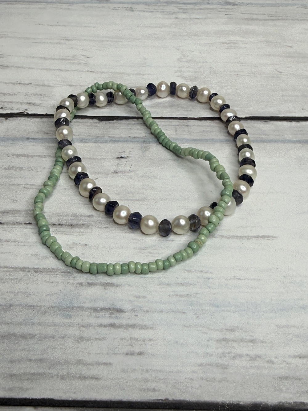 Layered Pearl and Green Seed Bead Bracelet Set